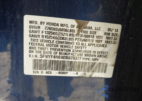 2013 Honda Pilot Ex-L из США, поврежденный, VIN 5FNYF4H69DB070377